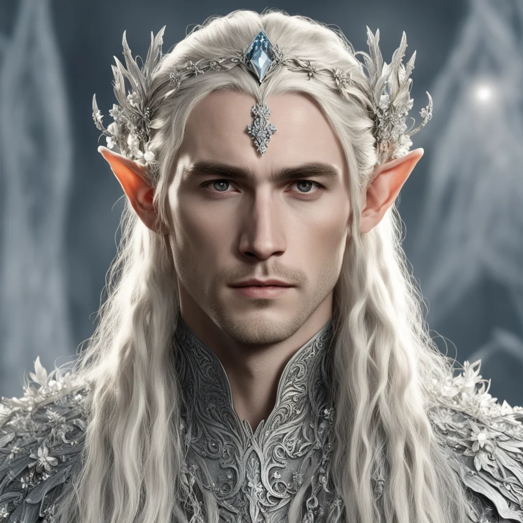tolkien king thranduil with blond hair and braids wearing silver flowers encrusted with diamonds to form a silver elvish circlet with large center diamond amazing awesome portrait 2