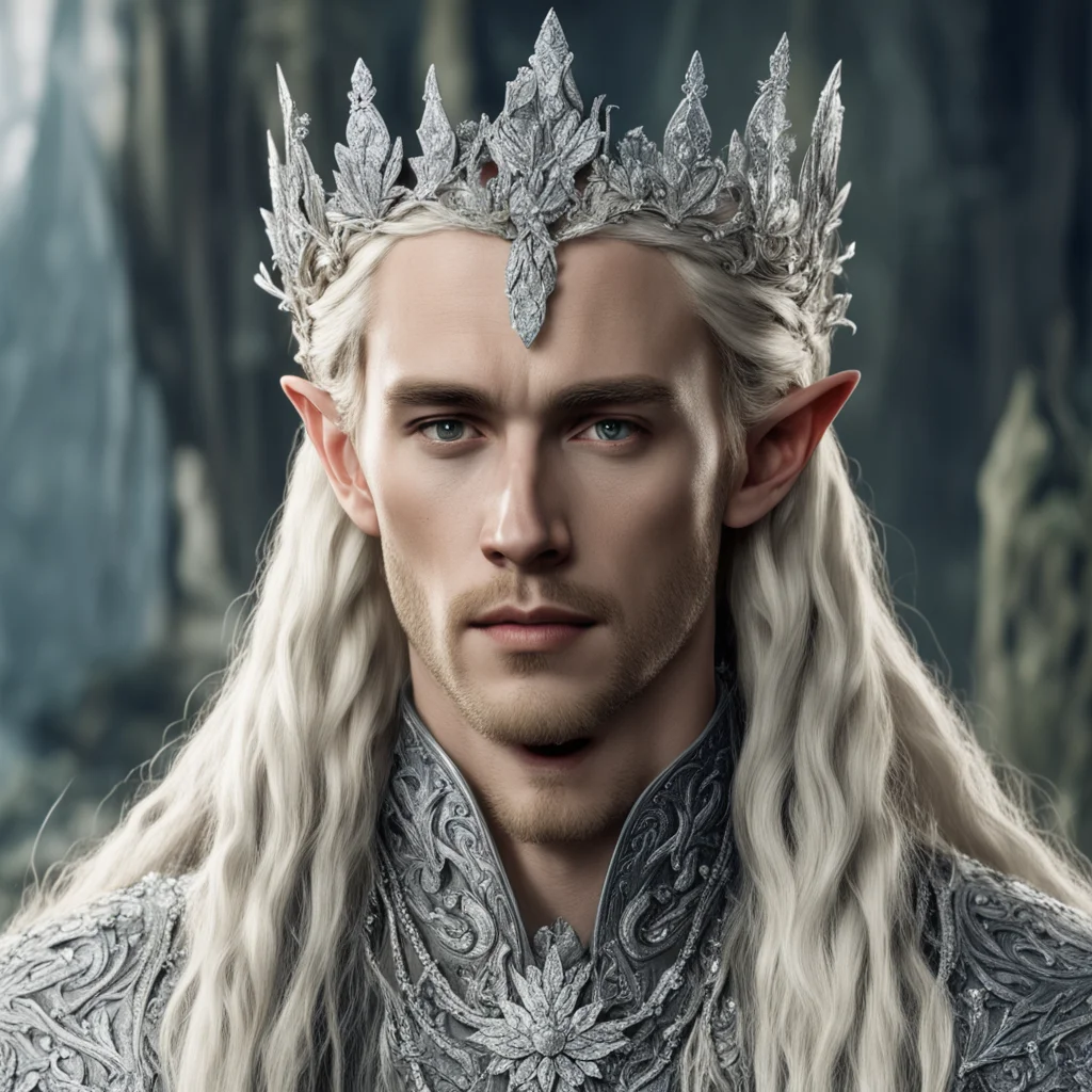 tolkien king thranduil with blond hair and braids wearing silver flowers encrusted with diamonds to form a silver elvish coronet with large center diamond good looking trending fantastic 1