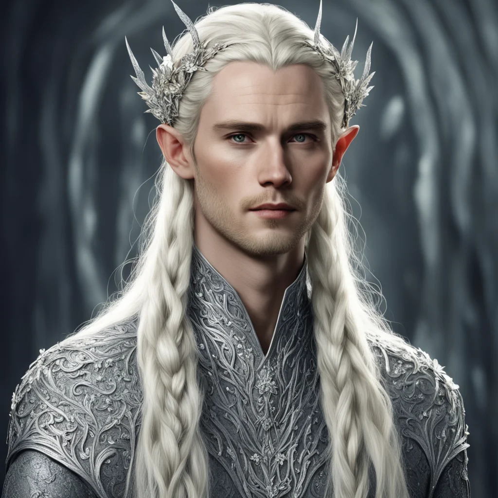 tolkien king thranduil with blond hair and braids wearing silver flowers encrusted with diamonds to make a silver elvish circlet with large center diamond good looking trending fantastic 1