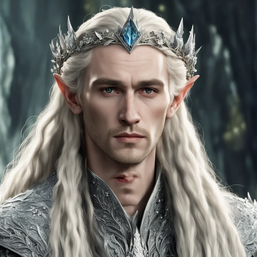 tolkien king thranduil with blond hair and braids wearing silver holly circlet encrusted with diamonds and large diamond clusters amazing awesome portrait 2