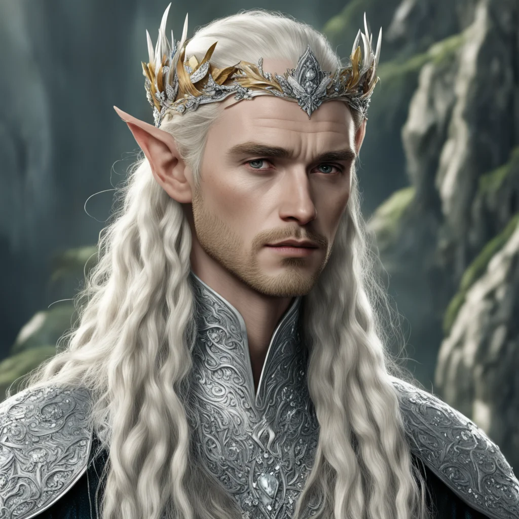 tolkien king thranduil with blond hair and braids wearing silver holly circlet encrusted with diamonds and large diamond clusters confident engaging wow artstation art 3