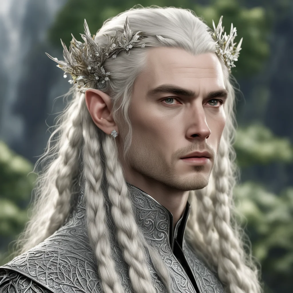 tolkien king thranduil with blond hair and braids wearing silver holly leaves encrusted with diamonds with clusters of large diamonds to form silver elvish hair forks amazing awesome portrait 2