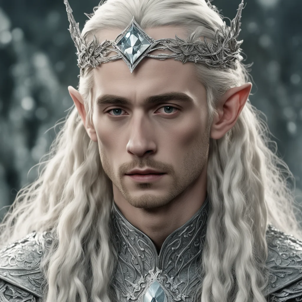 tolkien king thranduil with blond hair and braids wearing silver ivy circlet encrusted with diamonds and large diamond clusters with large center diamond amazing awesome portrait 2