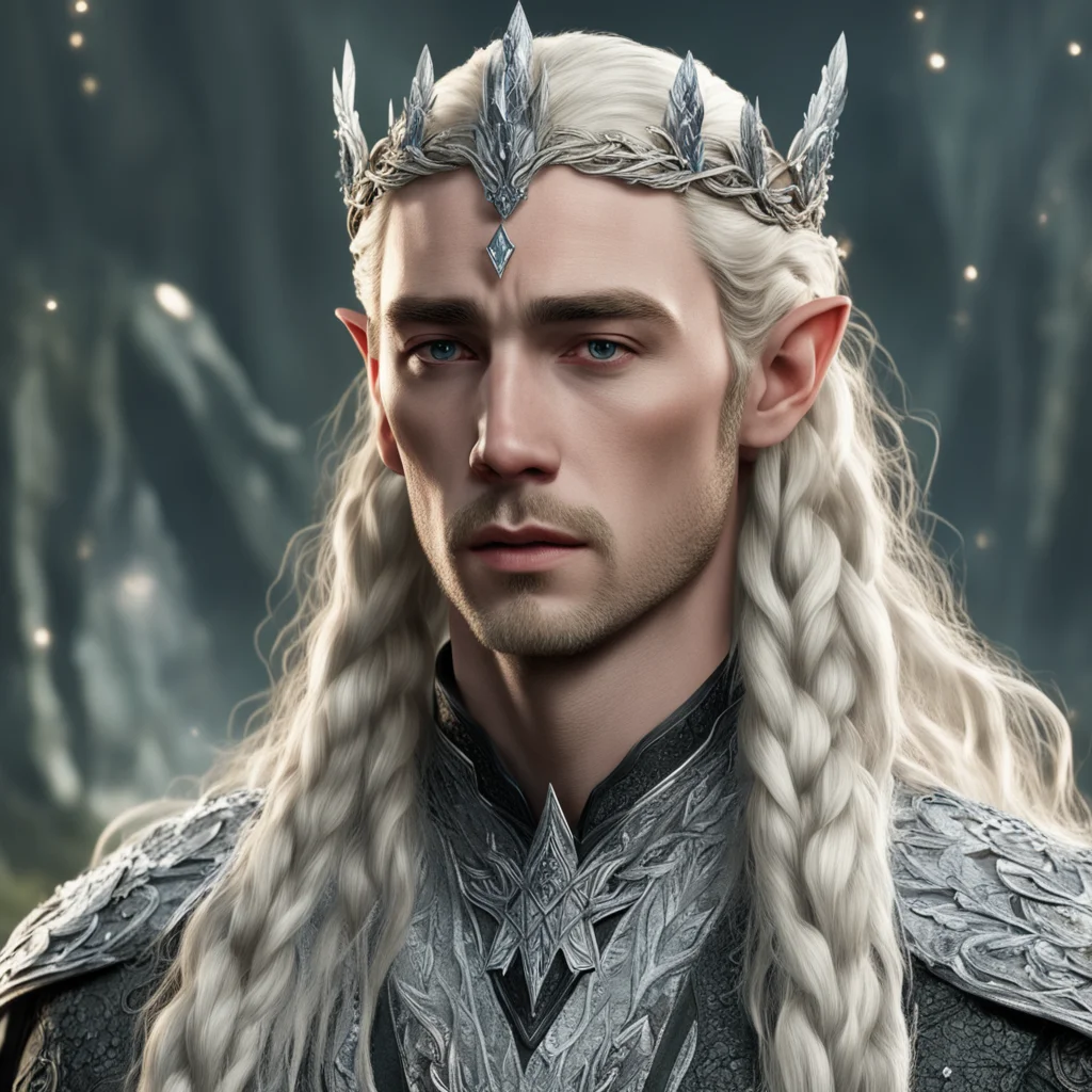 tolkien king thranduil with blond hair and braids wearing silver laurel circlet encrusted with diamonds and large diamond clusters confident engaging wow artstation art 3