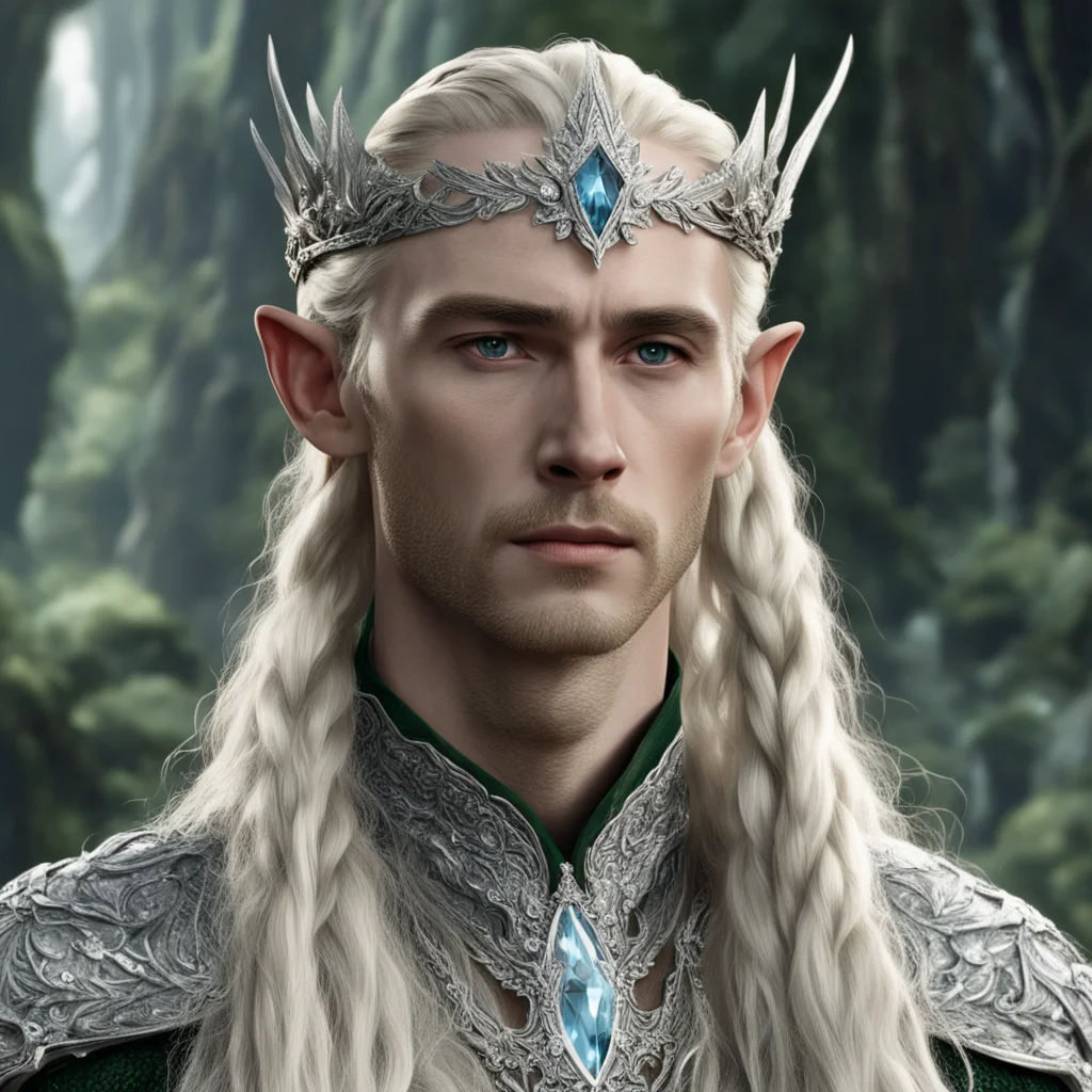 tolkien king thranduil with blond hair and braids wearing silver laurel circlet encrusted with diamonds and large diamond clusters good looking trending fantastic 1