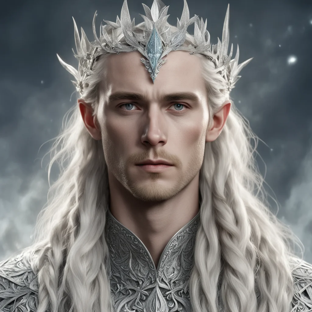 tolkien king thranduil with blond hair and braids wearing silver laurel leaves encrusted with diamonds with clusters of diamonds to form a silver elvish circlet with large center diamond