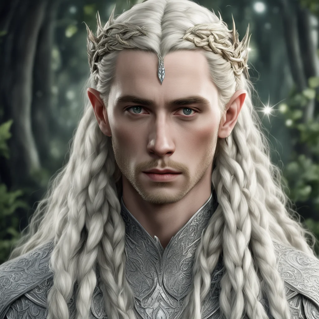tolkien king thranduil with blond hair and braids wearing silver leaf and vine intertwined in braids studded with diamonds with prominent center diamond amazing awesome portrait 2