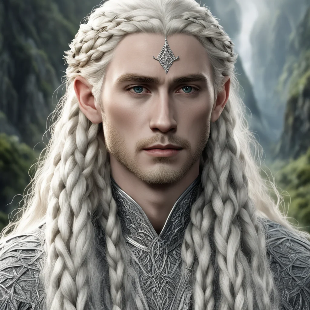 tolkien king thranduil with blond hair and braids wearing silver leaf and vine intertwined in braids studded with diamonds with prominent center diamond confident engaging wow artstation art 3
