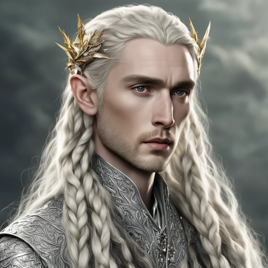 tolkien king thranduil with blond hair and braids wearing silver leaf and vine intertwined in braids studded with diamonds with prominent center diamond good looking trending fantastic 1