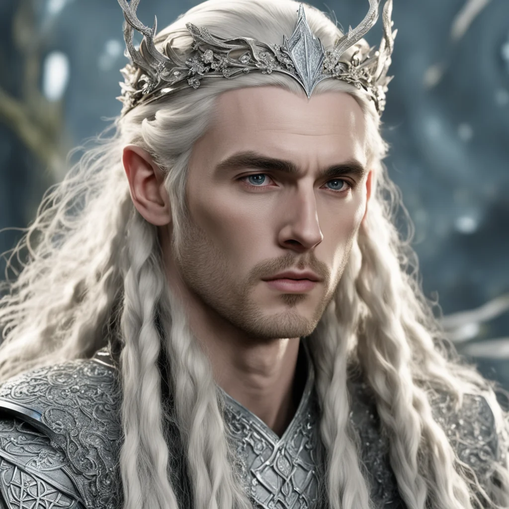 tolkien king thranduil with blond hair and braids wearing silver oak circlet encrusted with diamonds and large diamond clusters amazing awesome portrait 2