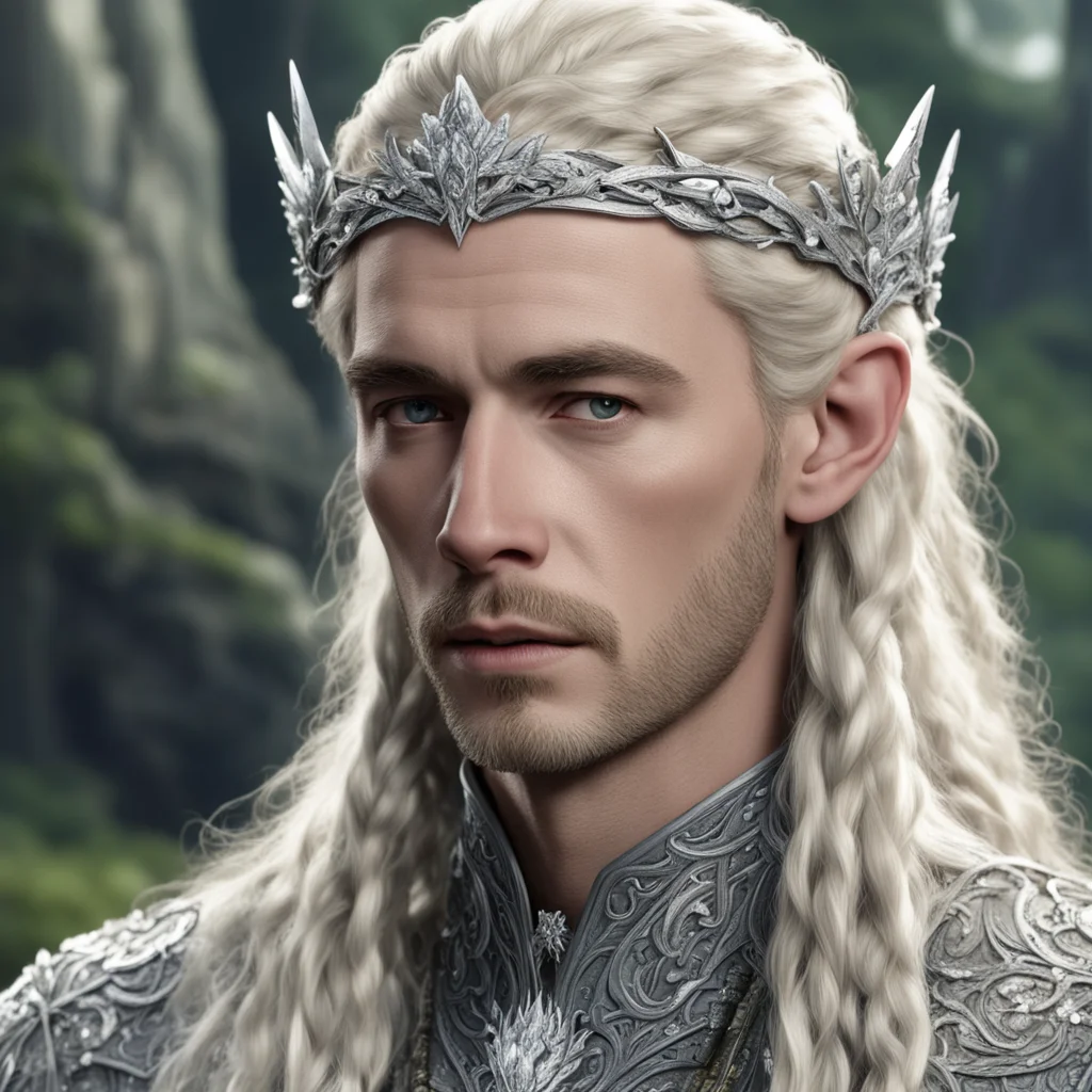 tolkien king thranduil with blond hair and braids wearing silver oak circlet encrusted with diamonds and large diamond clusters confident engaging wow artstation art 3