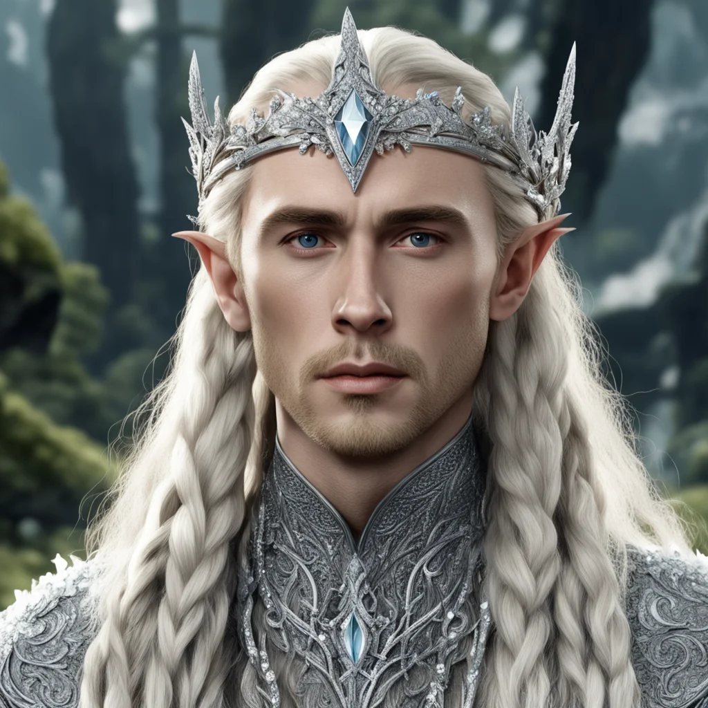 tolkien king thranduil with blond hair and braids wearing silver oak circlet encrusted with diamonds and large diamond clusters with large center diamond amazing awesome portrait 2