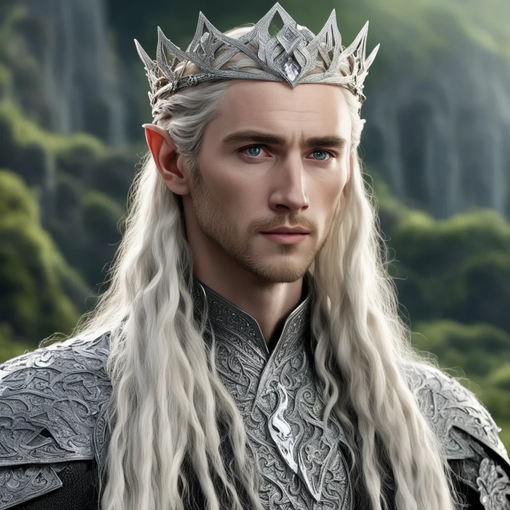 tolkien king thranduil with blond hair and braids wearing silver oak circlet encrusted with diamonds and large diamond clusters with large center diamond confident engaging wow artstation art 3