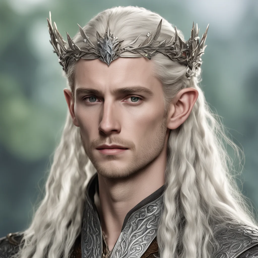 tolkien king thranduil with blond hair and braids wearing silver oak leaf elven circlet with diamonds confident engaging wow artstation art 3
