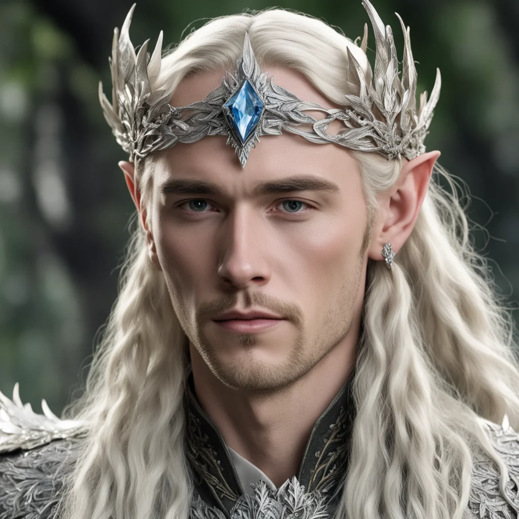 tolkien king thranduil with blond hair and braids wearing silver oak leaf elven circlet with diamonds with large center diamond confident engaging wow artstation art 3