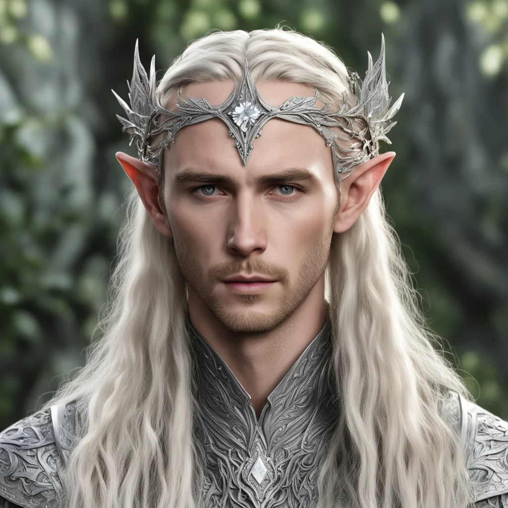 tolkien king thranduil with blond hair and braids wearing silver oak leaf elven circlet with diamonds with large center diamond good looking trending fantastic 1