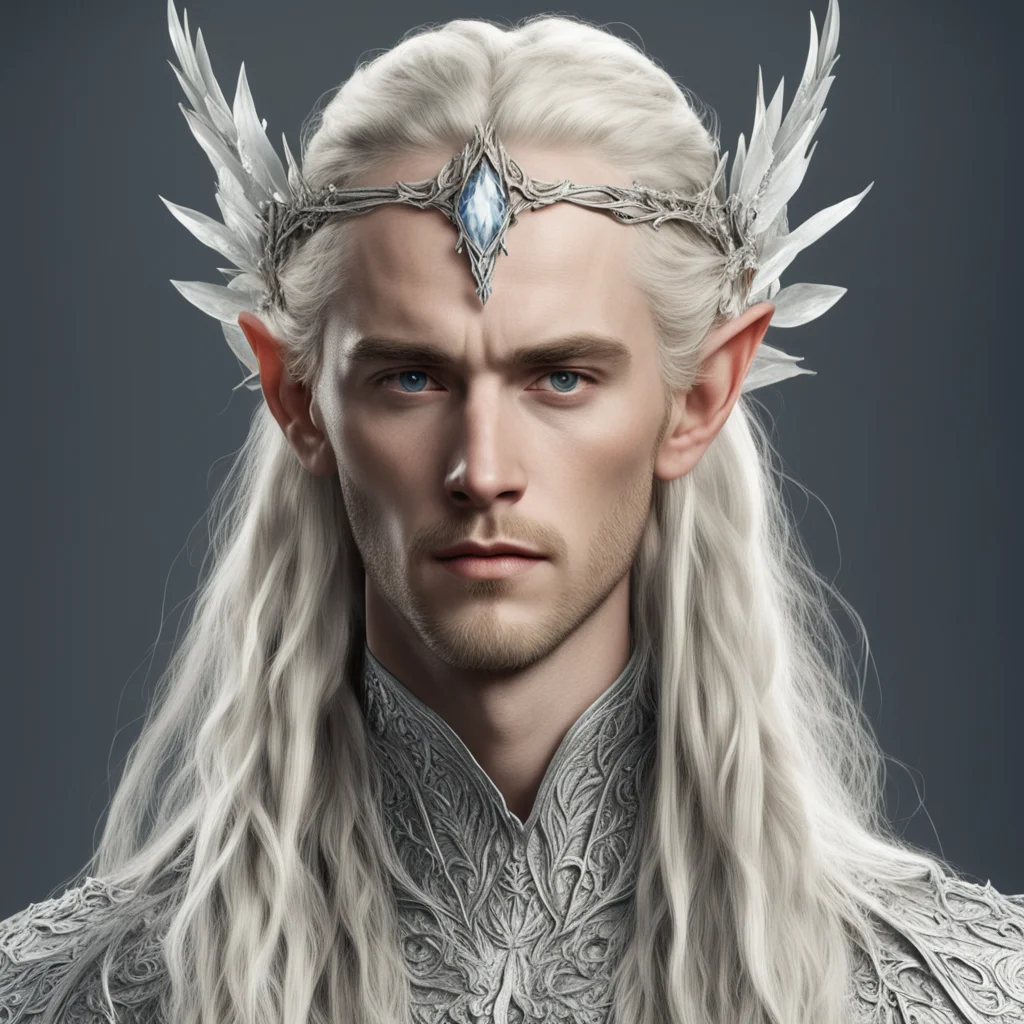 tolkien king thranduil with blond hair and braids wearing silver orchids encrusted with diamonds forming a silver elvish circlet with large center diamond  amazing awesome portrait 2
