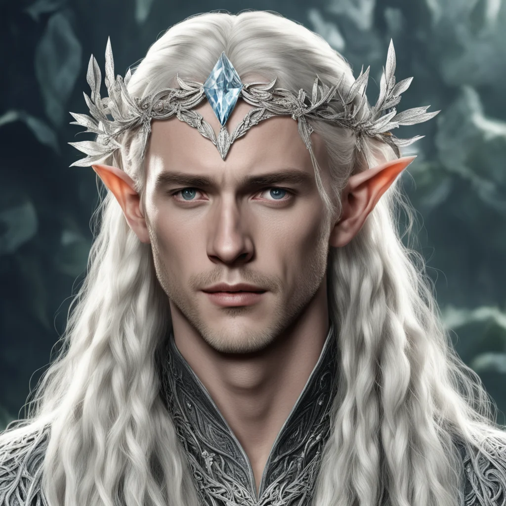 tolkien king thranduil with blond hair and braids wearing silver orchids encrusted with diamonds forming a silver elvish circlet with large center diamond  good looking trending fantastic 1