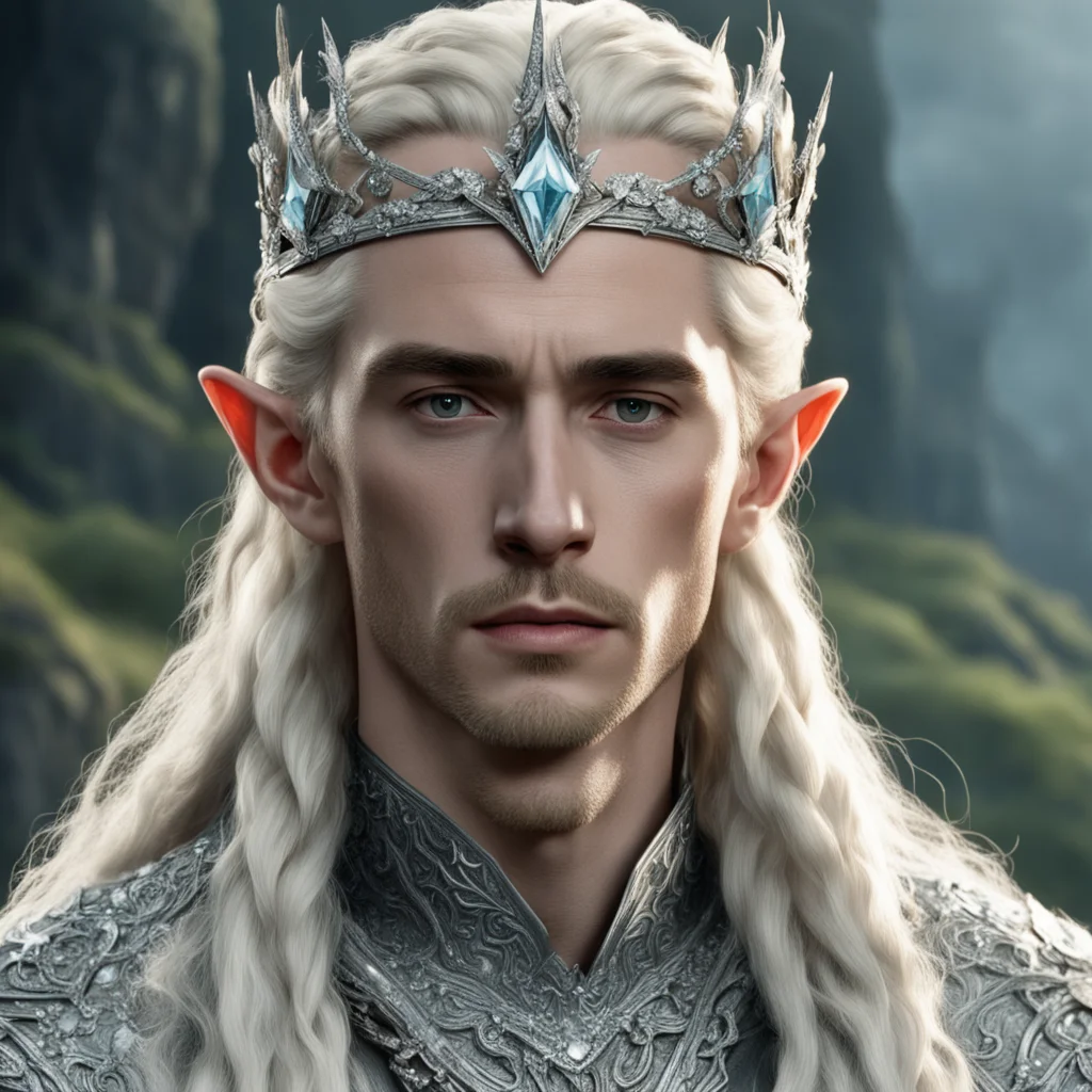 tolkien king thranduil with blond hair and braids wearing silver pine circlet encrusted with diamonds and large diamond clusters with large center diamond amazing awesome portrait 2