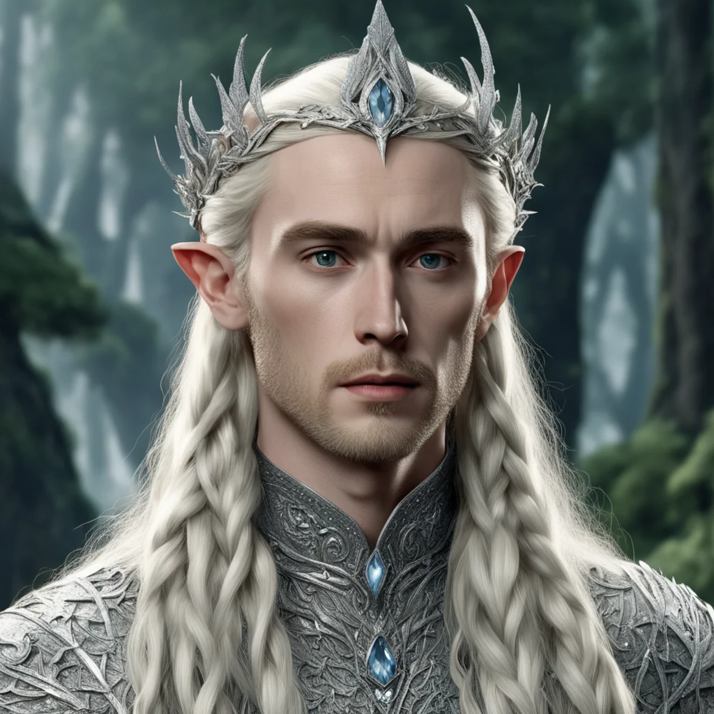 tolkien king thranduil with blond hair and braids wearing silver pine circlet encrusted with diamonds and large diamond clusters with large center diamond good looking trending fantastic 1
