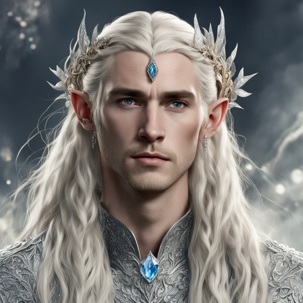 tolkien king thranduil with blond hair and braids wearing silver roses encrusted with diamonds and large clusters of diamonds comprising a silver elvish circlet with prominent center diamond 