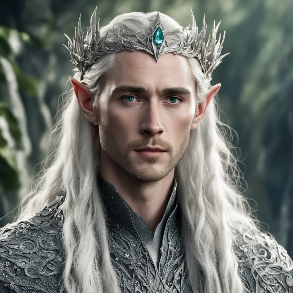 tolkien king thranduil with blond hair and braids wearing silver serpentine elvish circlet comprised of small silver leaves encrusted with diamonds with large center diamond 