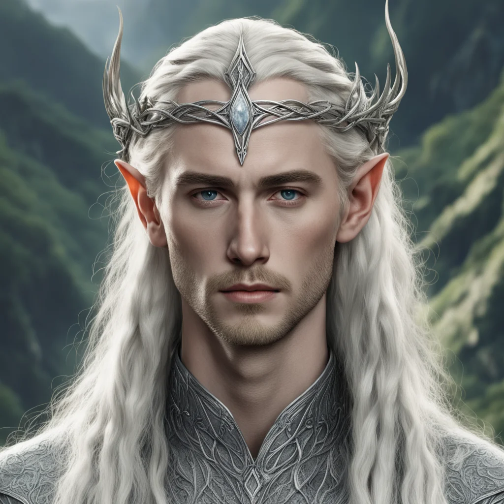 tolkien king thranduil with blond hair and braids wearing silver serpentine intertwined into silver elvish circlet with prominent center diamond good looking trending fantastic 1