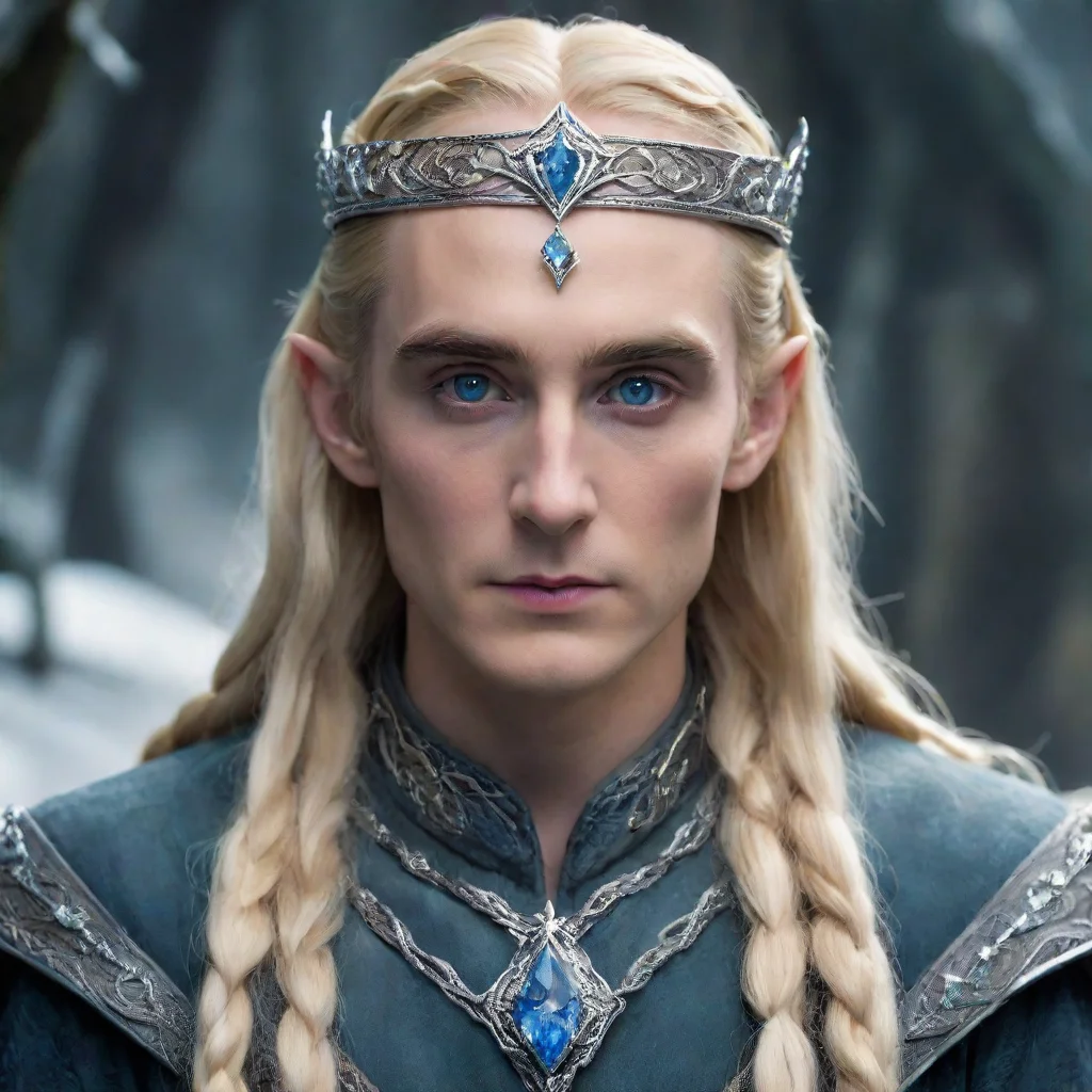 tolkien king thranduil with blond hair and braids wearing silver serpentine sindarin elvish circlet encrusted with diamonds with large center bluish diamond 