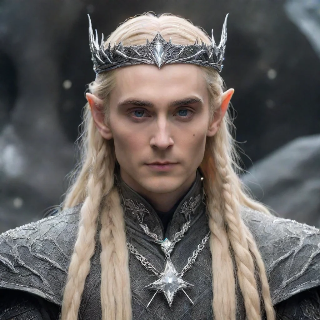 tolkien king thranduil with blond hair and braids wearing silver silvan elvish circlet encrusted with diamonds with large center diamond 