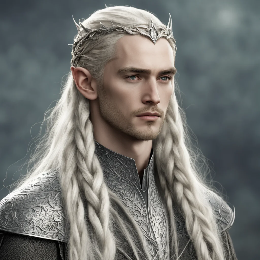tolkien king thranduil with blond hair and braids wearing silver silvan elvish circlet with center diamond