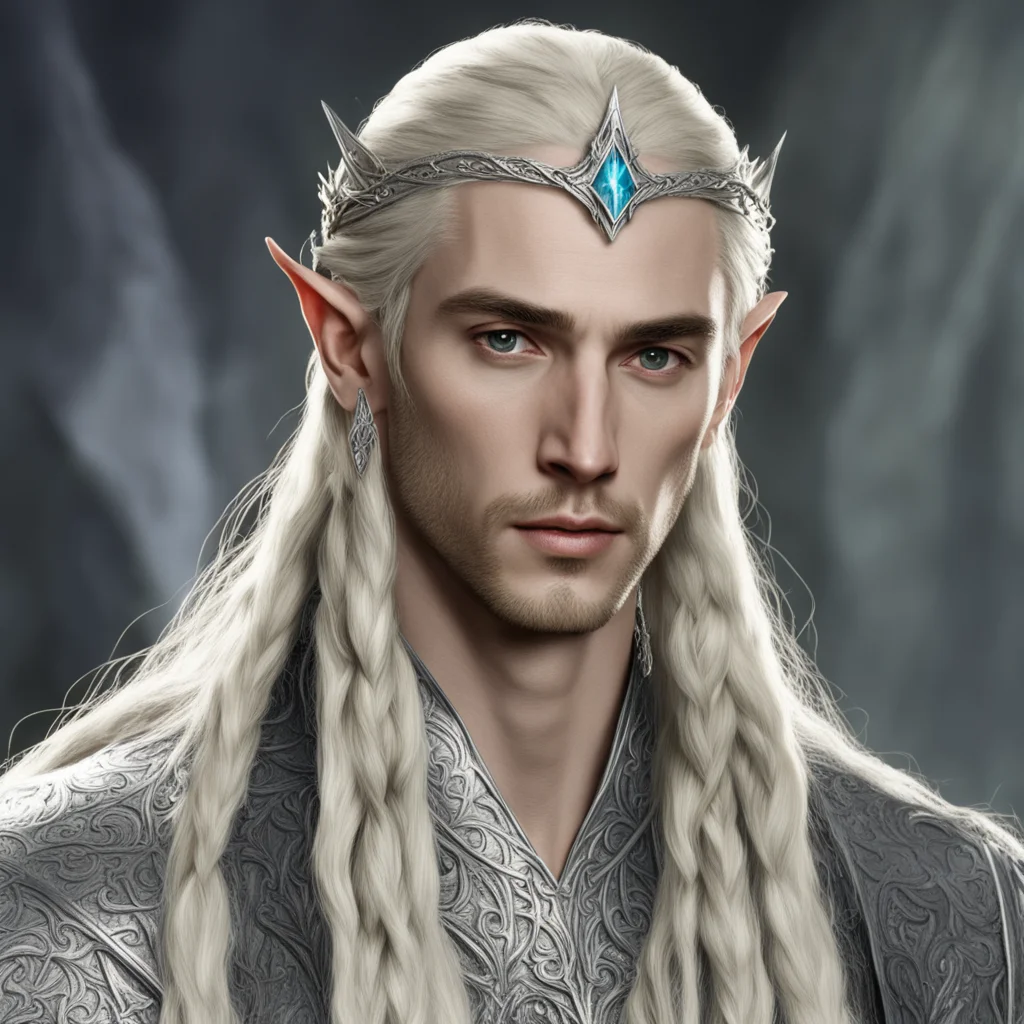 tolkien king thranduil with blond hair and braids wearing silver silvan elvish circlet with large center diamond