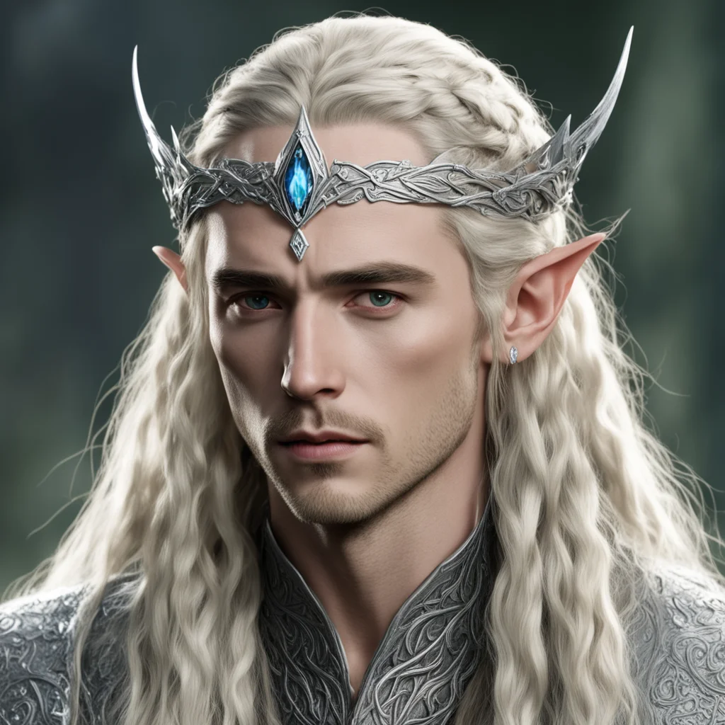 tolkien king thranduil with blond hair and braids wearing silver sindarin elvish circlet with center diamond confident engaging wow artstation art 3