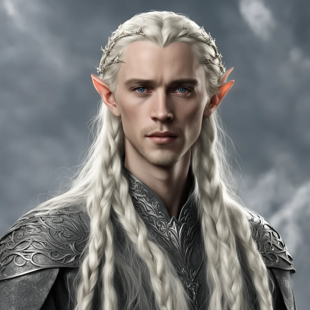 aitolkien king thranduil with blond hair and braids wearing silver sindarin elvish circlet with center diamond