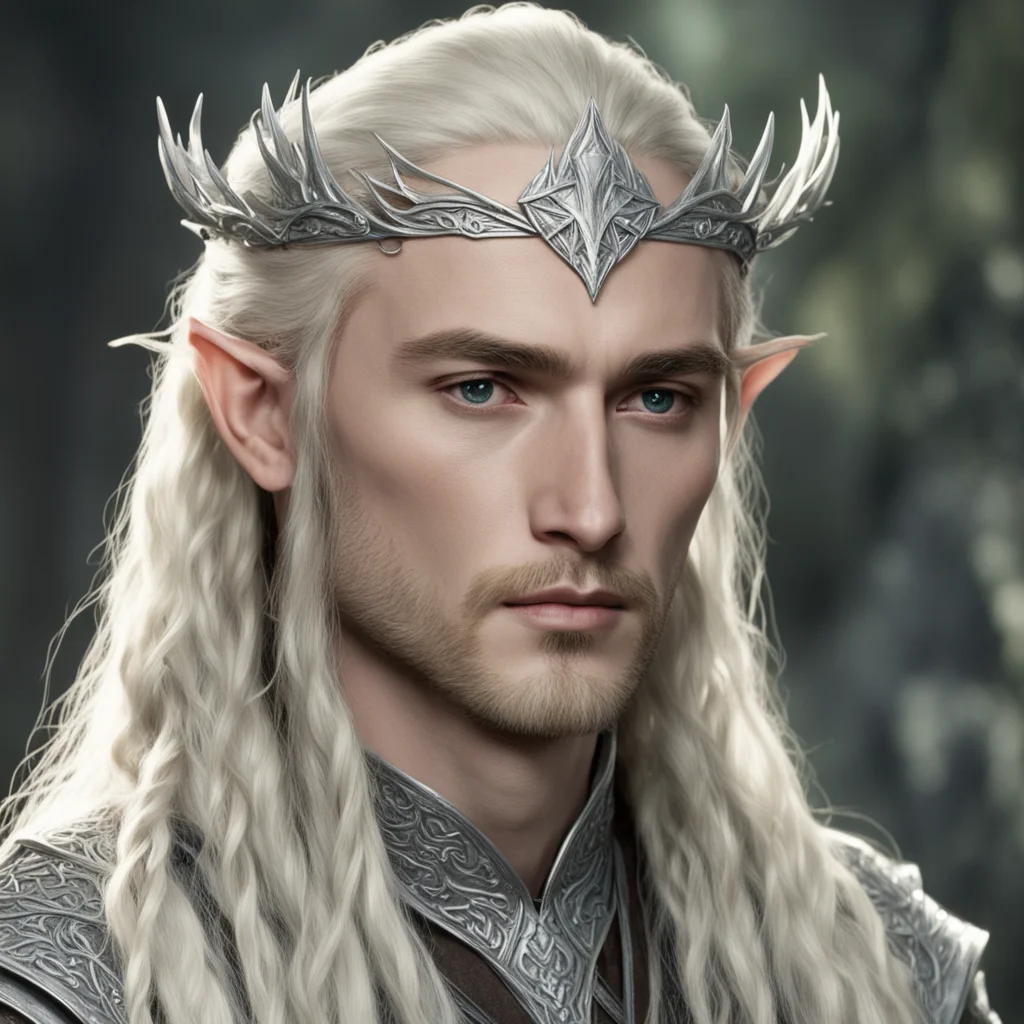 tolkien king thranduil with blond hair and braids wearing silver sindarin elvish circlet with large center diamond confident engaging wow artstation art 3