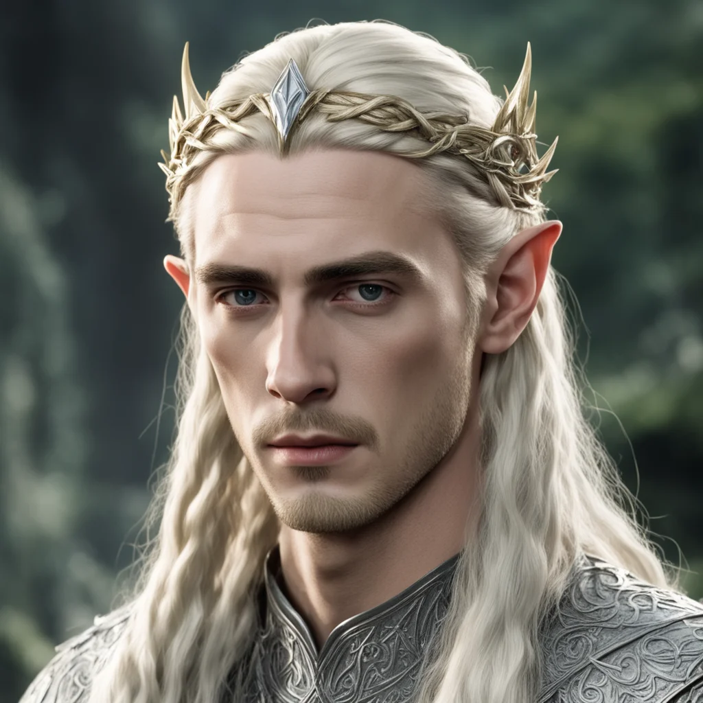 tolkien king thranduil with blond hair and braids wearing silver sindarin elvish circlet with prominent center diamond  good looking trending fantastic 1
