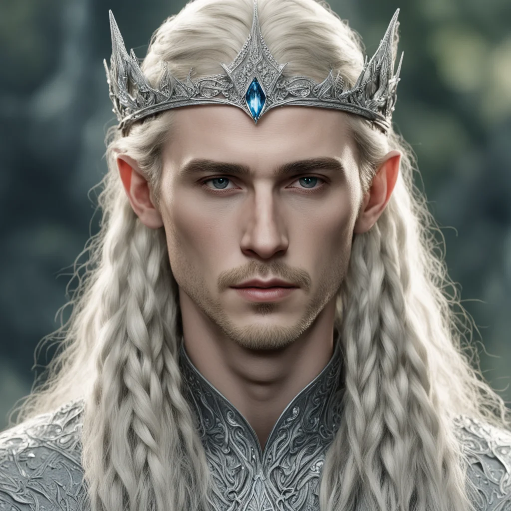 tolkien king thranduil with blond hair and braids wearing silver sindarin elvish crown encrusted with diamonds with large center diamond  confident engaging wow artstation art 3