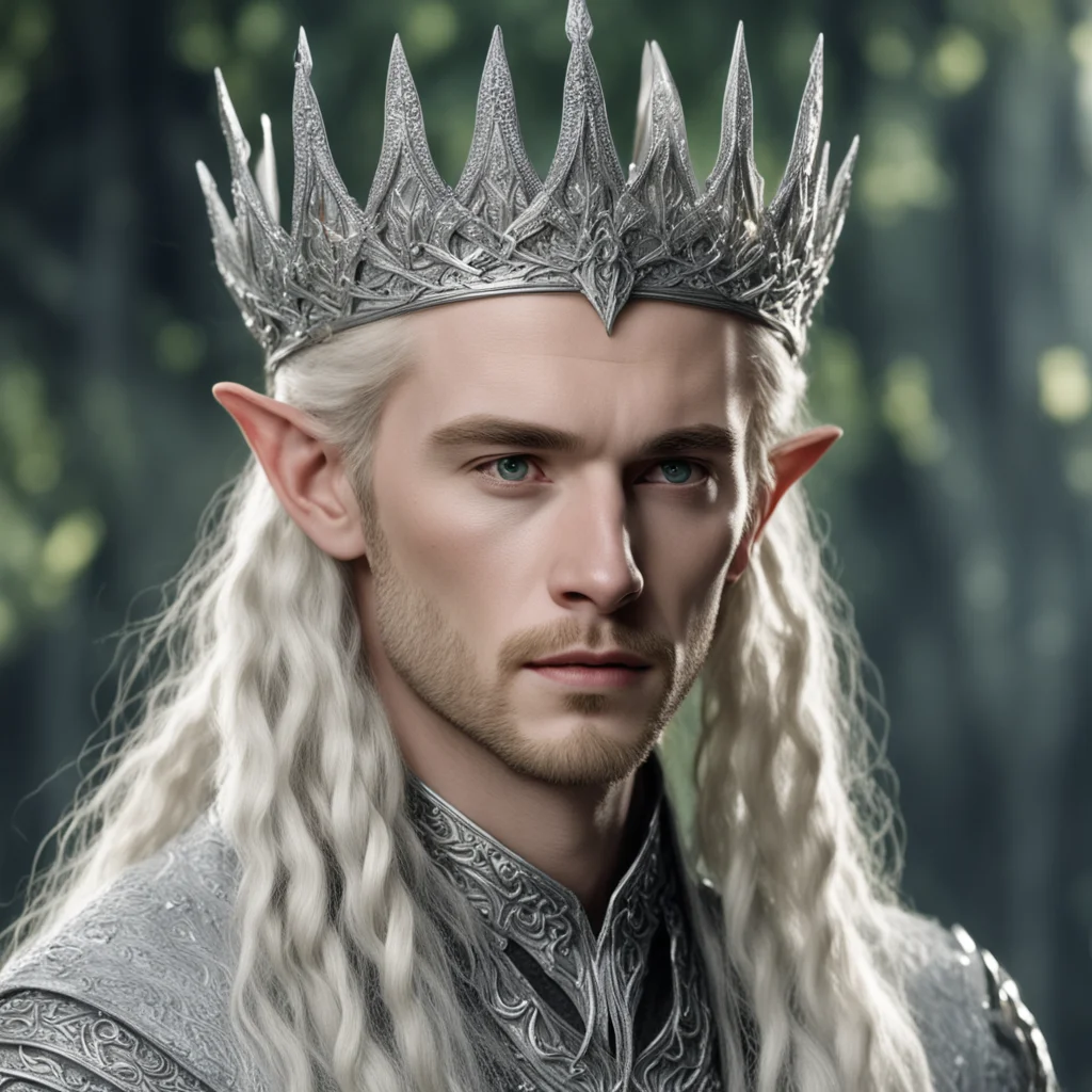 tolkien king thranduil with blond hair and braids wearing silver sindarin elvish crown encrusted with diamonds with large center diamond  good looking trending fantastic 1