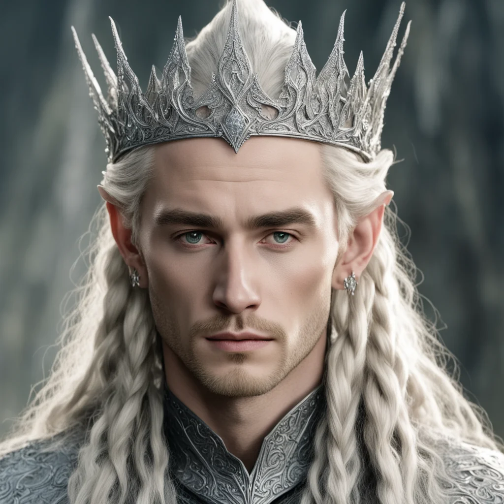 tolkien king thranduil with blond hair and braids wearing silver sindarin elvish crown encrusted with diamonds with large center diamond confident engaging wow artstation art 3