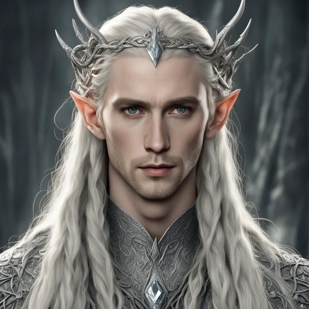 tolkien king thranduil with blond hair and braids wearing silver snakes with diamond eyes intertwined to form silver elvish circlet with large center diamond  good looking trending fantastic 1