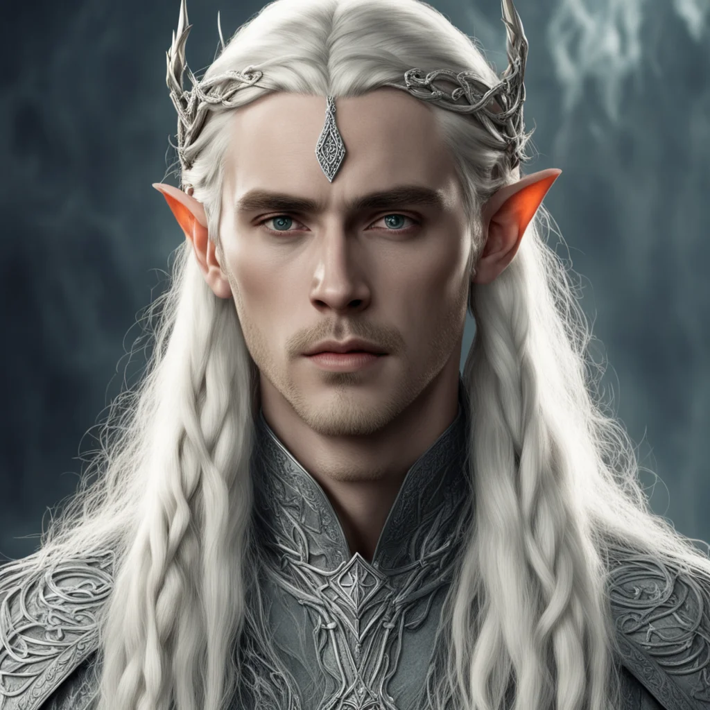 tolkien king thranduil with blond hair and braids wearing silver snakes with diamond eyes intertwined to form silver elvish circlet with large center diamond 