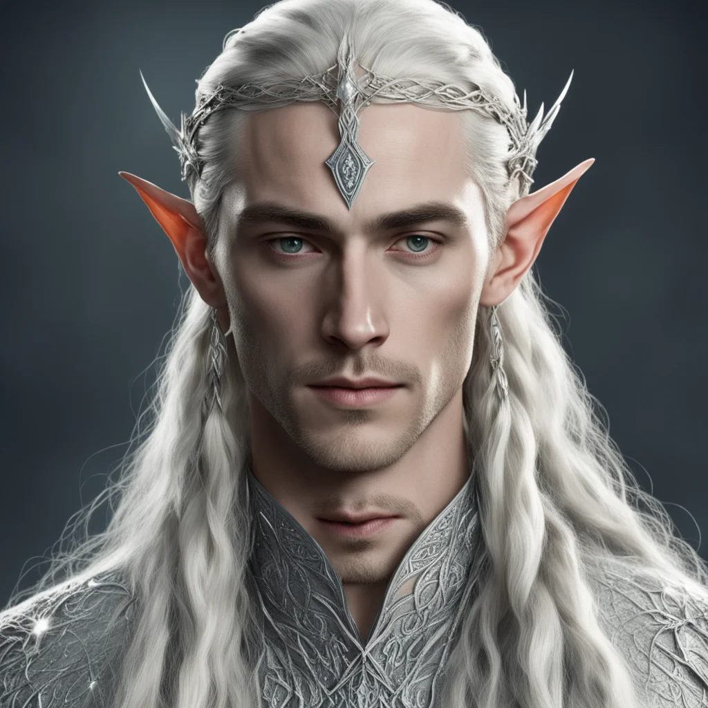 tolkien king thranduil with blond hair and braids wearing silver strings of large diamonds interconnected to form silver elvish circlet with prominent diamond in the center 
