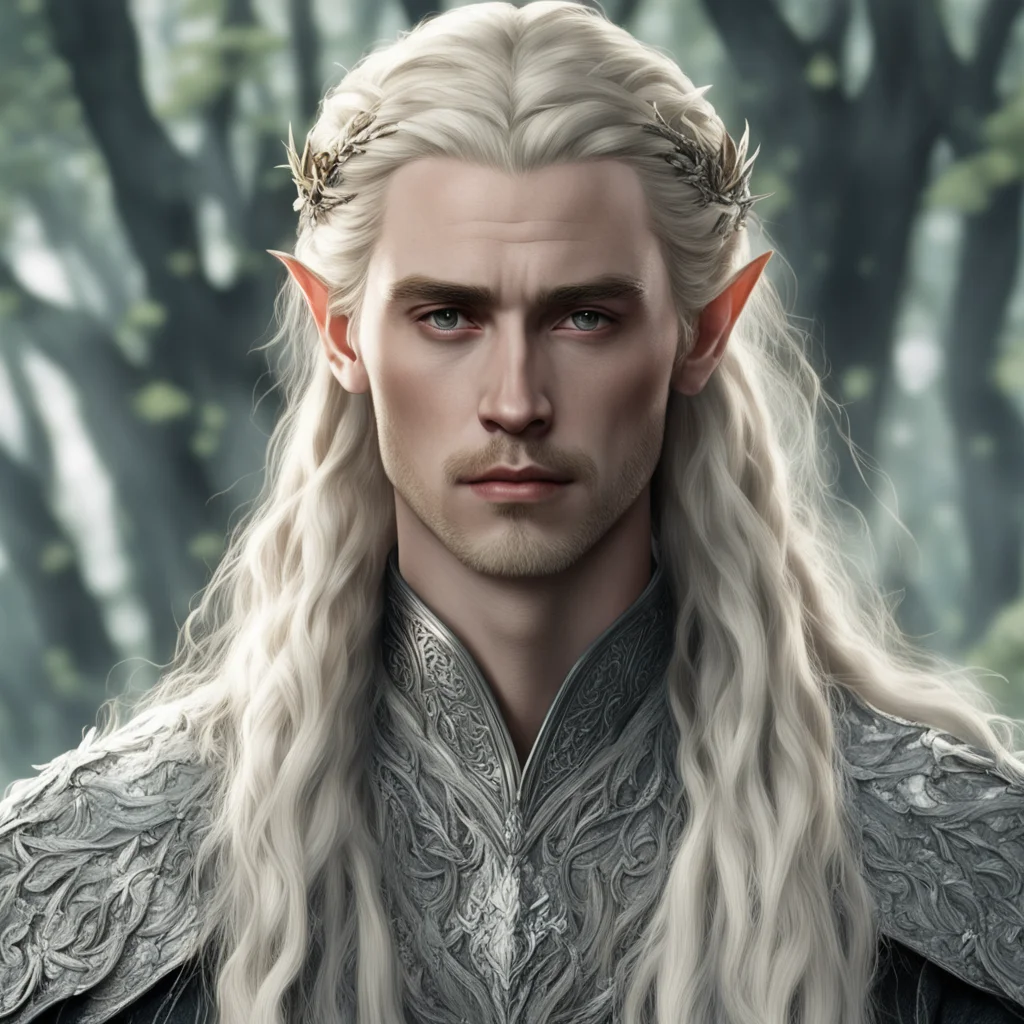 tolkien king thranduil with blond hair and braids wearing silver twig and leaf with large diamond clusters in hair amazing awesome portrait 2