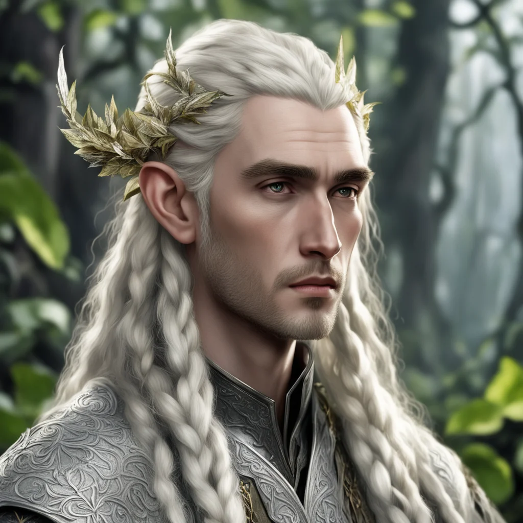 tolkien king thranduil with blond hair and braids wearing silver twig and leaf with large diamond clusters in hair good looking trending fantastic 1