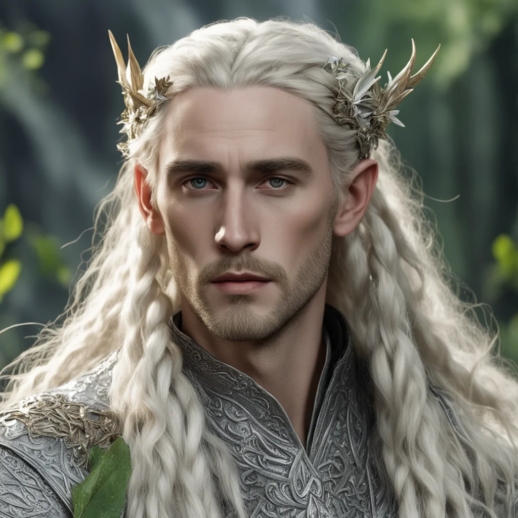 tolkien king thranduil with blond hair and braids wearing silver twig and leaf with large diamond clusters in hair