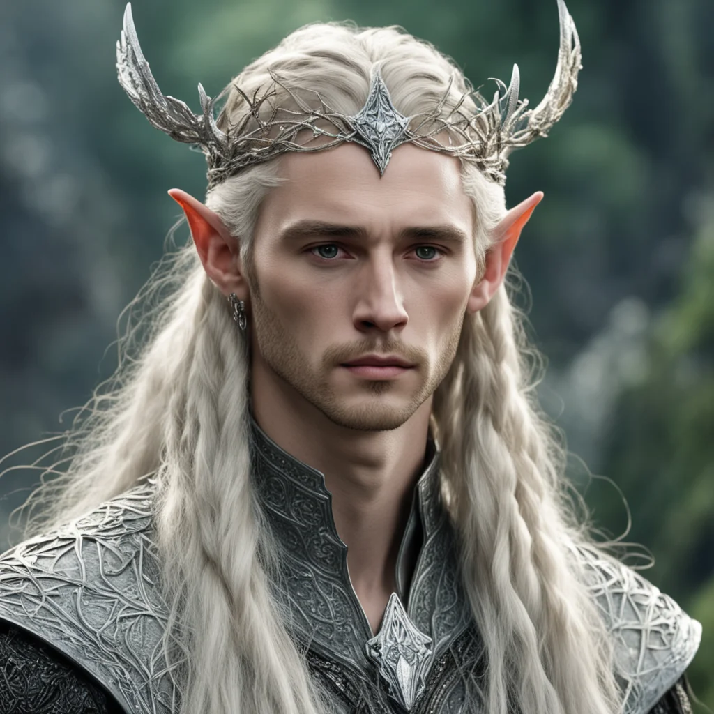 tolkien king thranduil with blond hair and braids wearing silver twig serpentine elvish circlet encrusted with diamonds with large center diamond  amazing awesome portrait 2