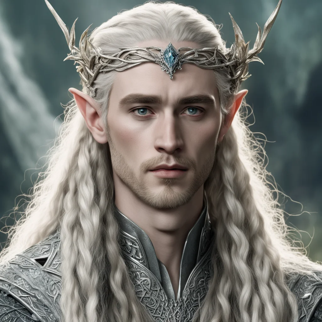 tolkien king thranduil with blond hair and braids wearing silver twig serpentine elvish circlet encrusted with diamonds with large center diamond  good looking trending fantastic 1