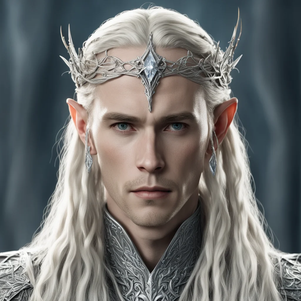 tolkien king thranduil with blond hair and braids wearing silver twigs encrusted with diamonds to form a small silver elvish circlet with large center diamond good looking trending fantastic 1