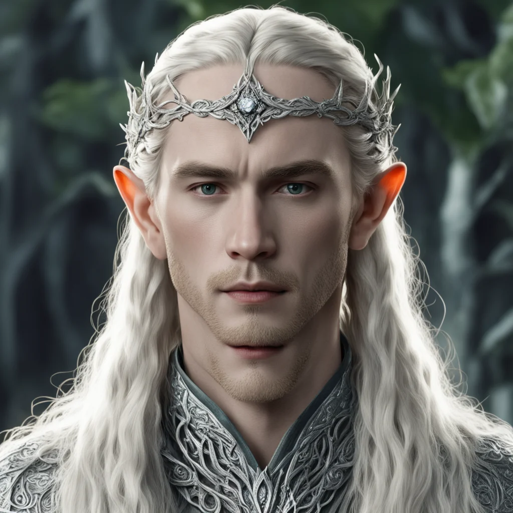 tolkien king thranduil with blond hair and braids wearing silver twigs with clusters of diamonds intertwined to form a silver elvish circlet with large center diamond amazing awesome portrait 2
