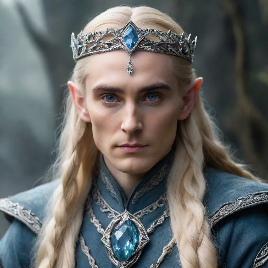 tolkien king thranduil with blond hair and braids wearing silver twisted serpentine elvish circlet encrusted with diamonds with large center bluish diamond