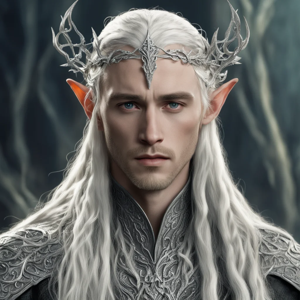 tolkien king thranduil with blond hair and braids wearing silver vine encrusted with diamonds to form a silver serpentine elvish circlet with center diamond amazing awesome portrait 2